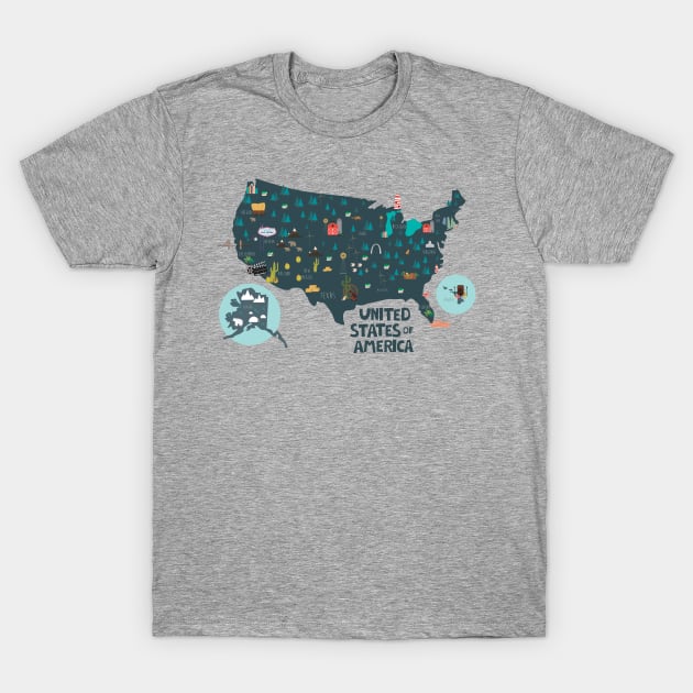 USA Illustrated Map T-Shirt by JunkyDotCom